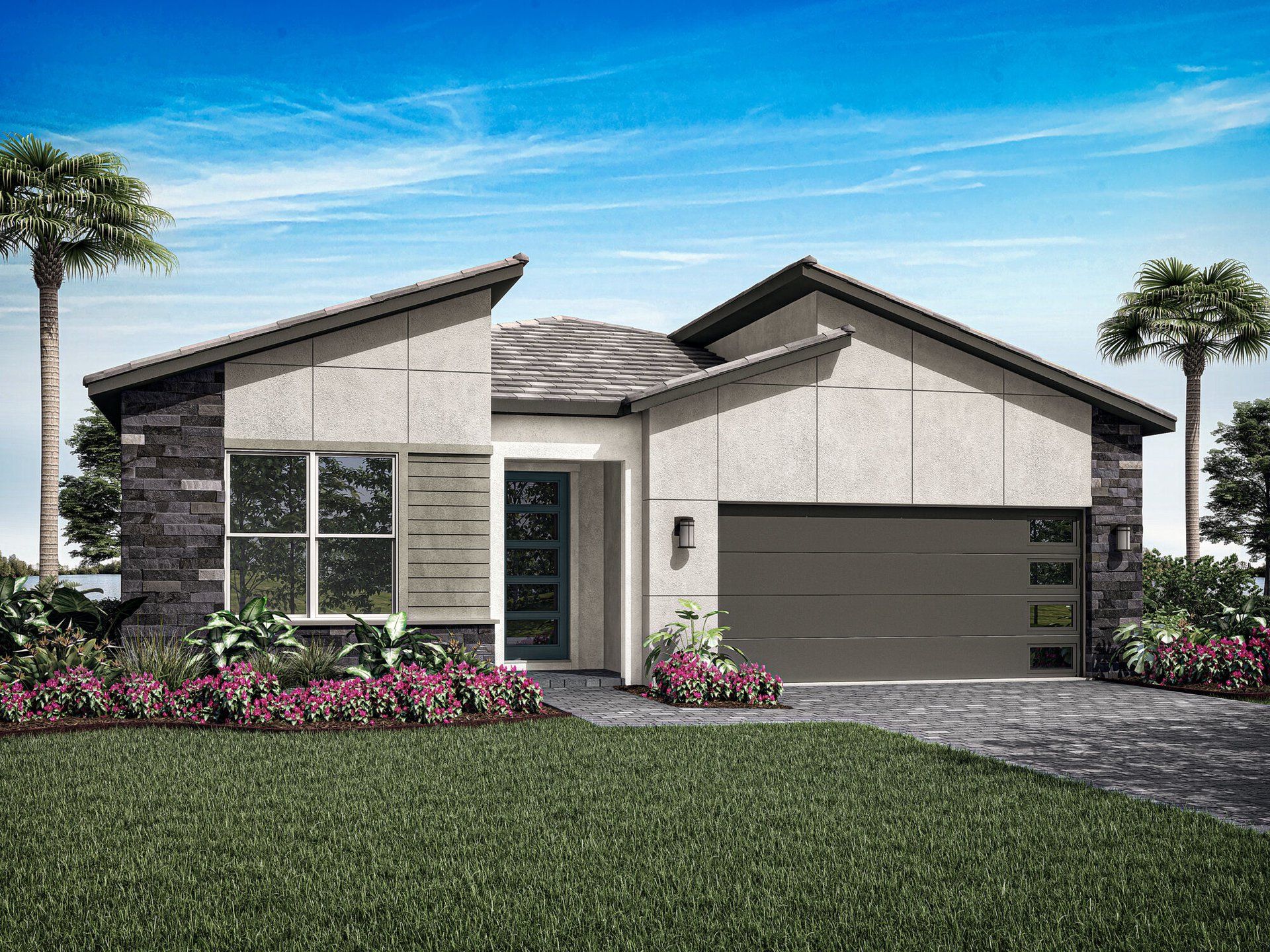 Front exterior of a new home in Tradition - Seville, Port St. Lucie, FL, highlighting curb appeal (Image 1).