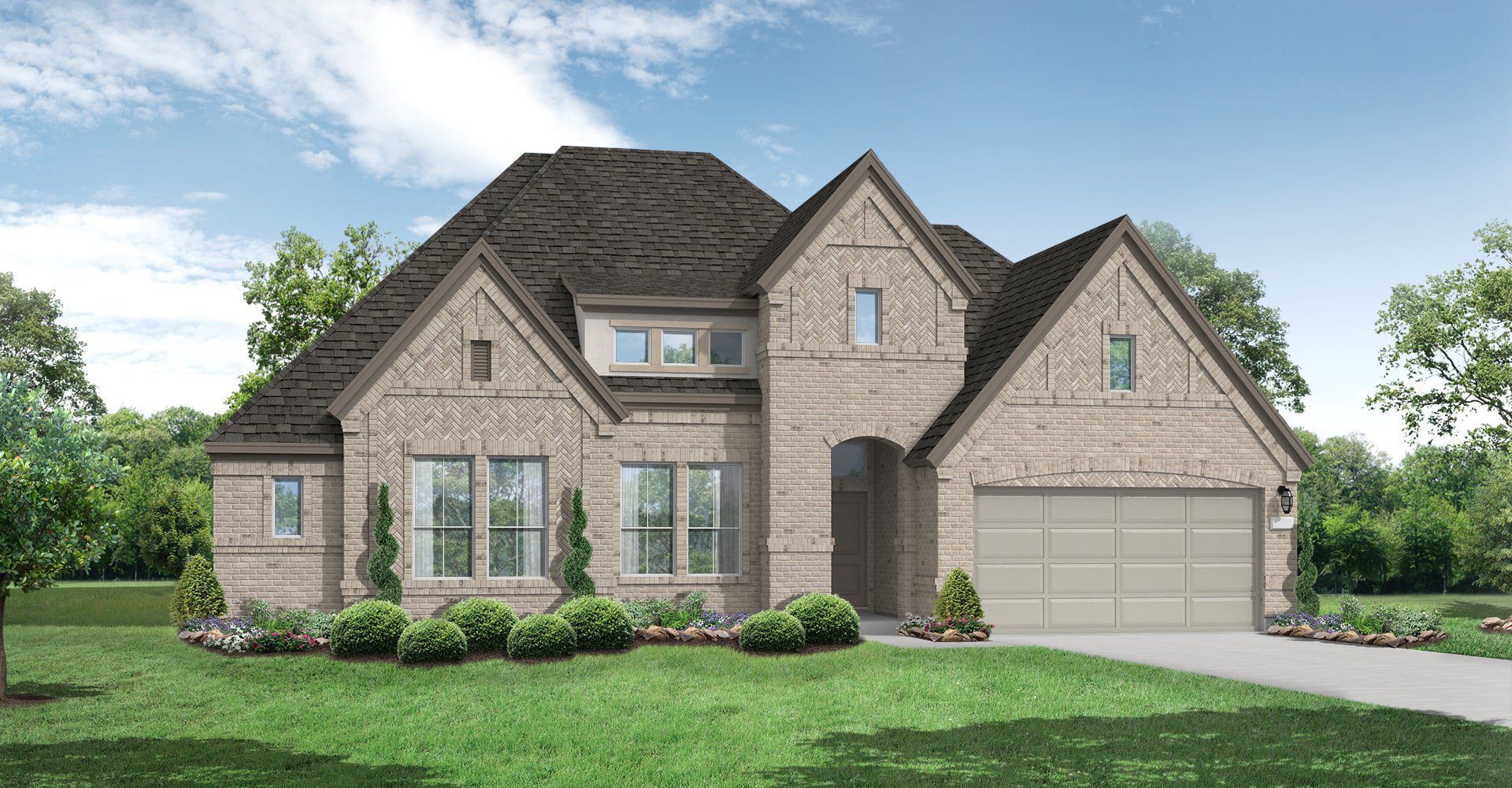 Front exterior of a new home in Valencia, Manvel, TX, highlighting curb appeal (Image 1). Front exterior of a new home in Valencia, Manvel, TX, highlighting curb appeal (Image 1).