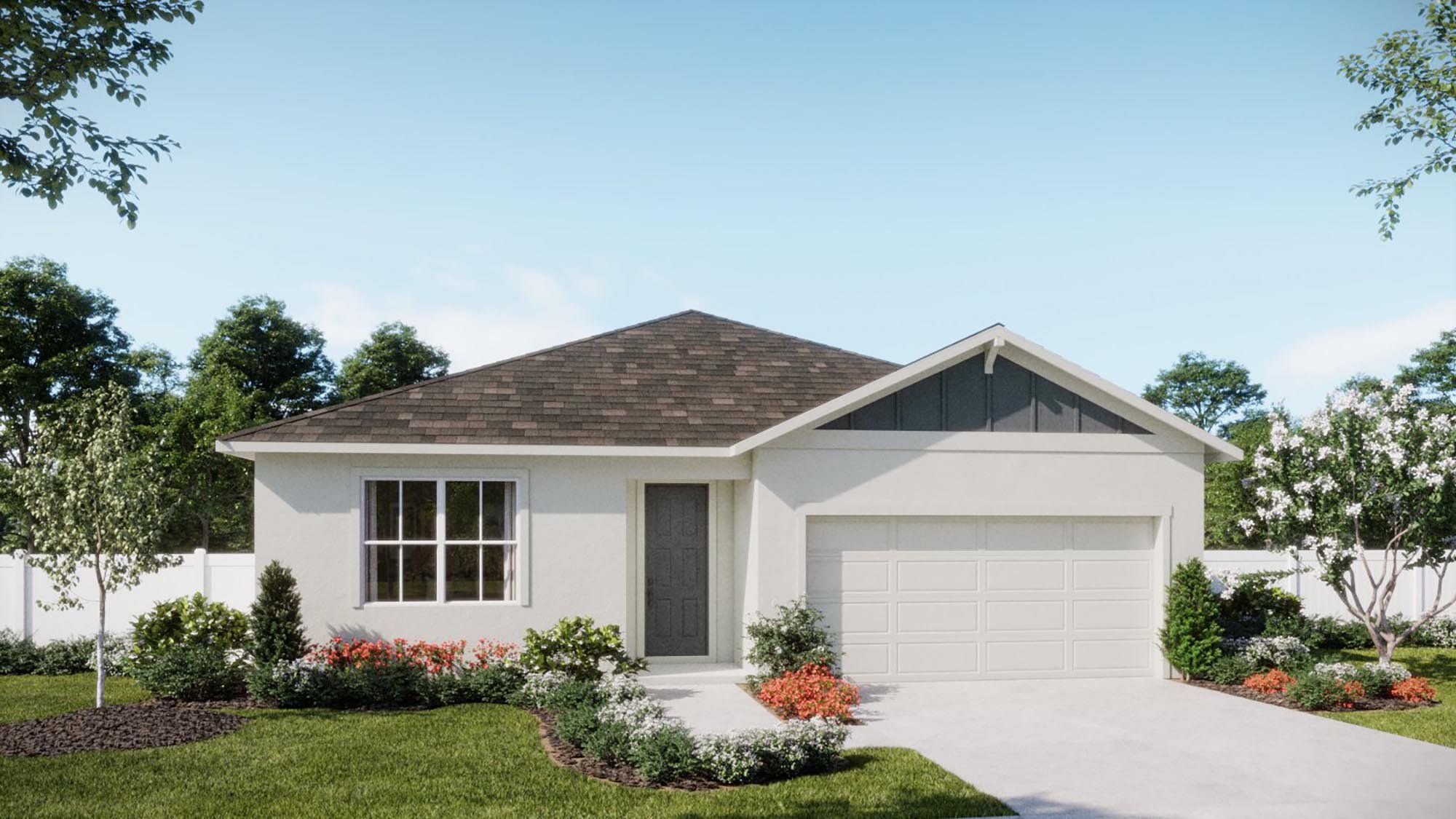 Front exterior of a new home in Hodges Reserve, Howey-in-the-Hills, FL, highlighting curb appeal (Image 1). Front exterior of a new home in Hodges Reserve, Howey-in-the-Hills, FL, highlighting curb appeal (Image 1).