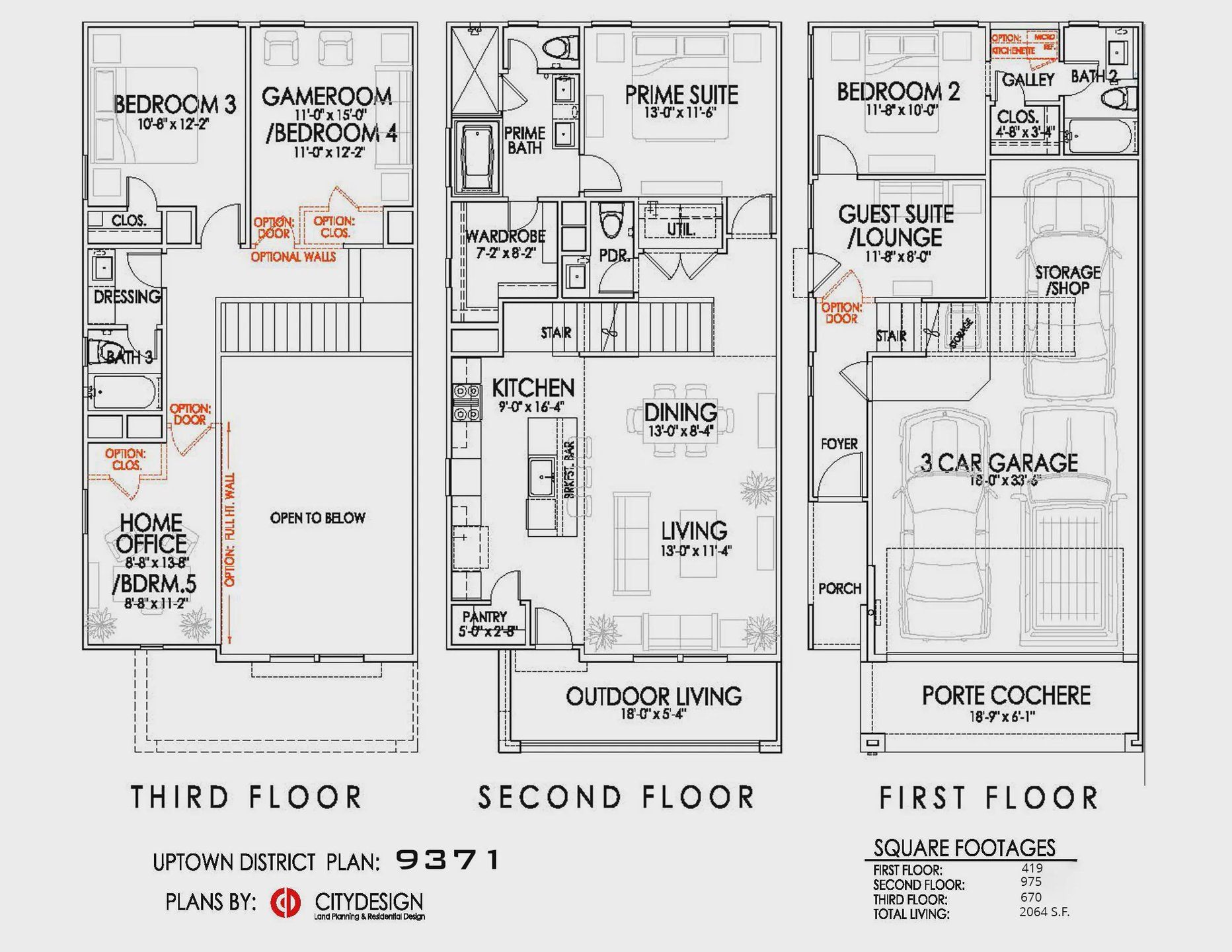 2D floor plan layout for the 9371 by CitySide Homes in Uptown District, Houston, TX (Image 1).
