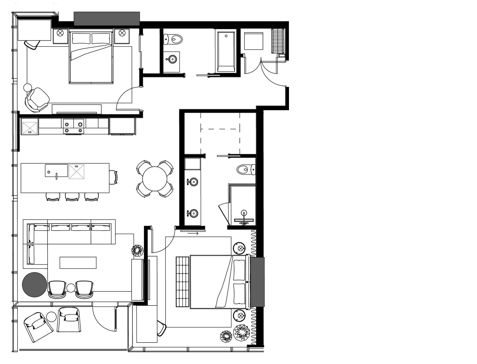 2D floor plan layout for the B2-SW by Urbanspace Development in The Modern Austin Residences, Austin, TX (Image 1).