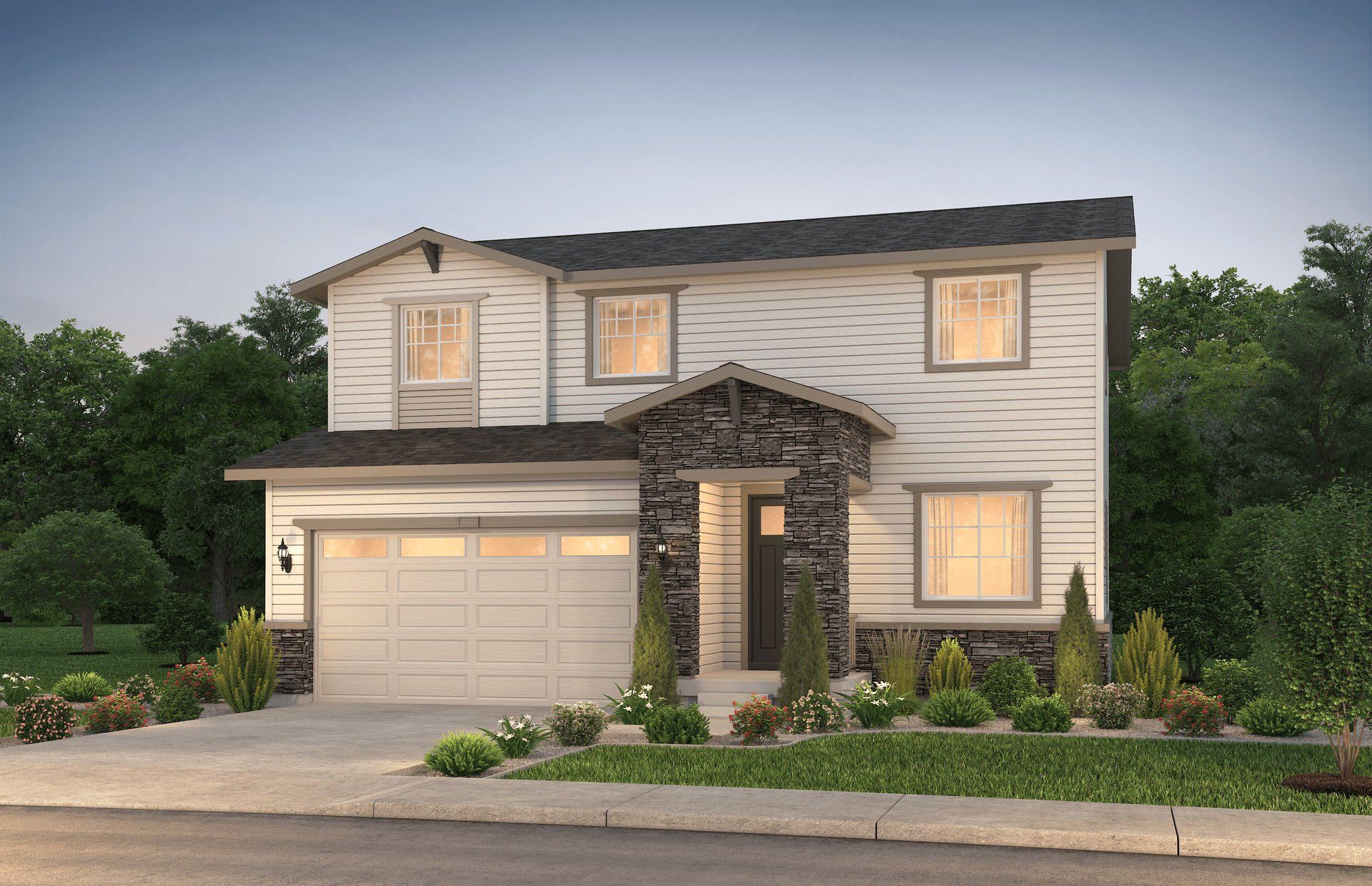 Front exterior of a new home in Harvest Crossing, Aurora, CO, highlighting curb appeal (Image 1). Front exterior of a new home in Harvest Crossing, Aurora, CO, highlighting curb appeal (Image 1).