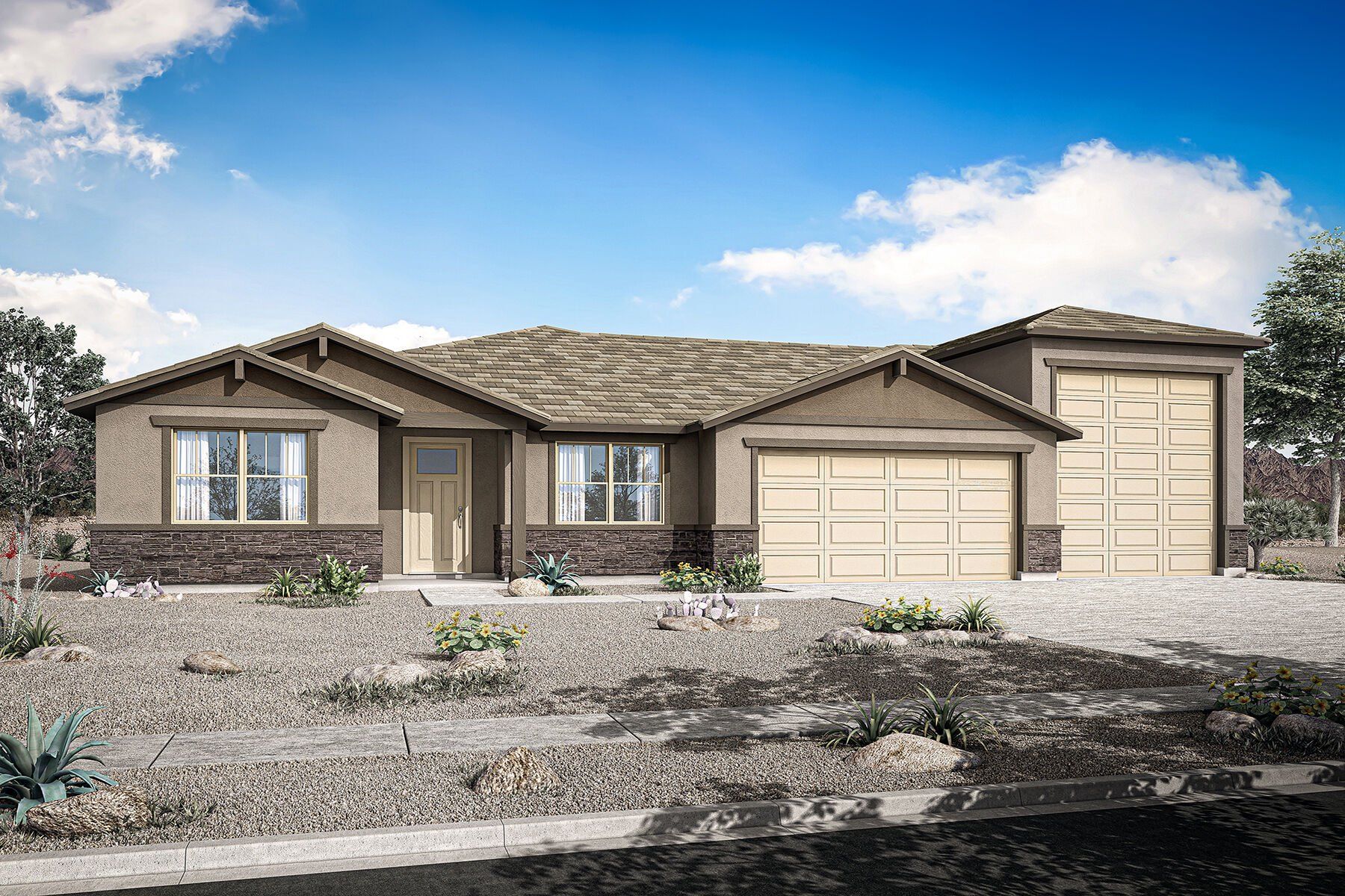 Front exterior of a new home in Las Ventanas - RV Collection, Goodyear, AZ, highlighting curb appeal (Image 1). Front exterior of a new home in Las Ventanas - RV Collection, Goodyear, AZ, highlighting curb appeal (Image 1).