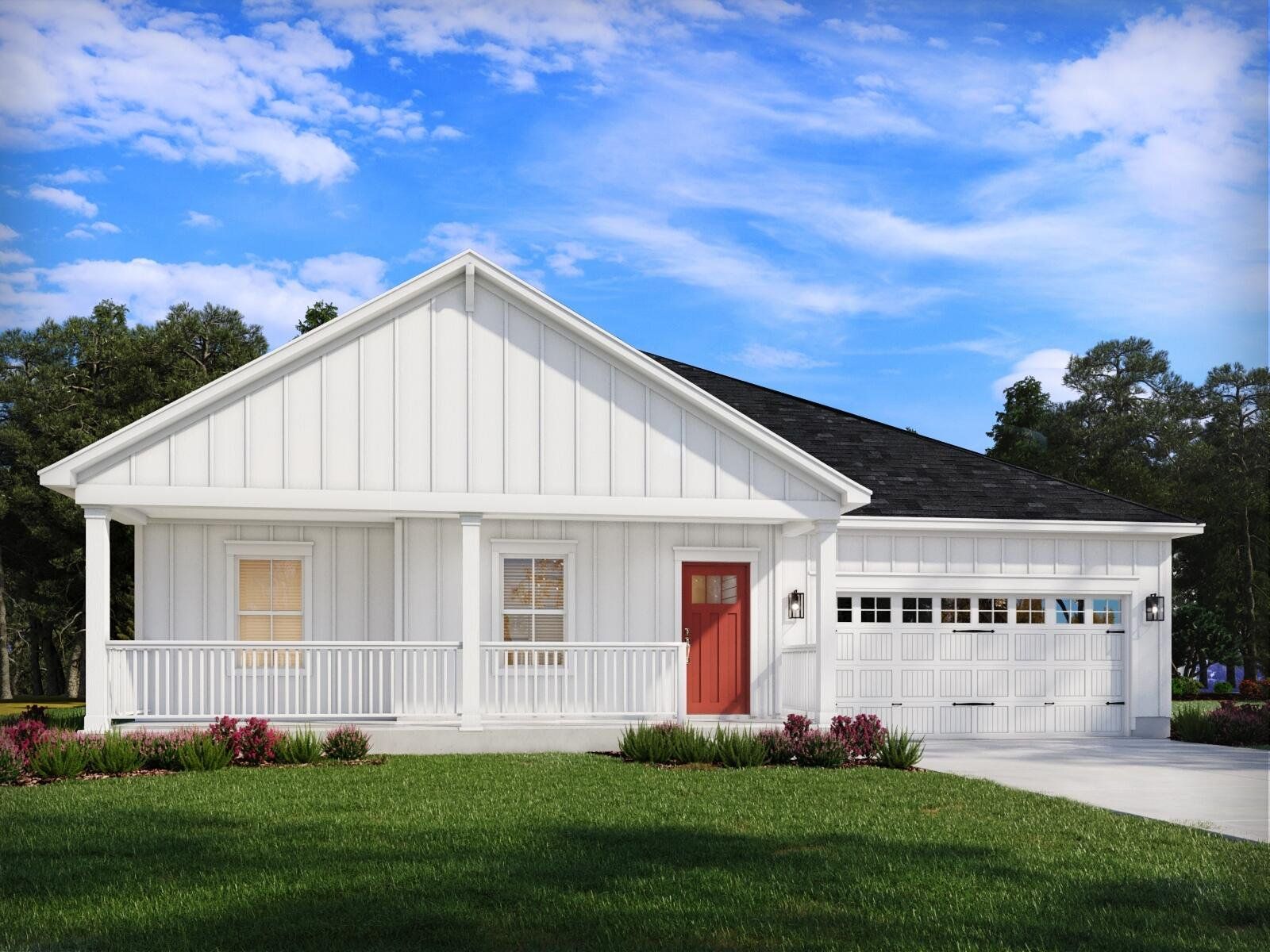 Front exterior of a new home in The Coves at Lakes of Cane Bay II, Summerville, SC, highlighting curb appeal (Image 1). Front exterior of a new home in The Coves at Lakes of Cane Bay II, Summerville, SC, highlighting curb appeal (Image 1).