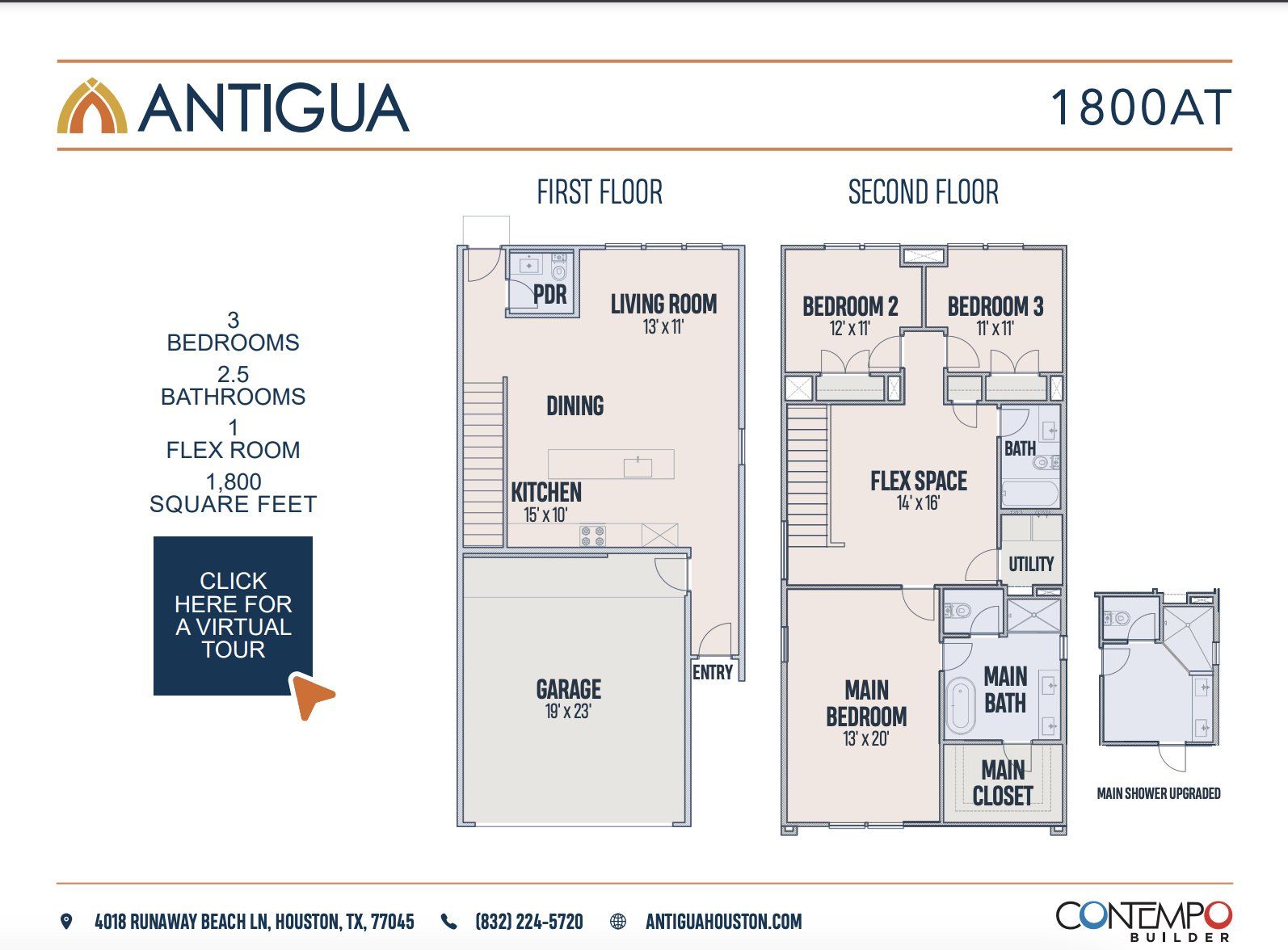 2D floor plan layout for the 1800AT by Contempo Builder in Antigua, Houston, TX (Image 1).