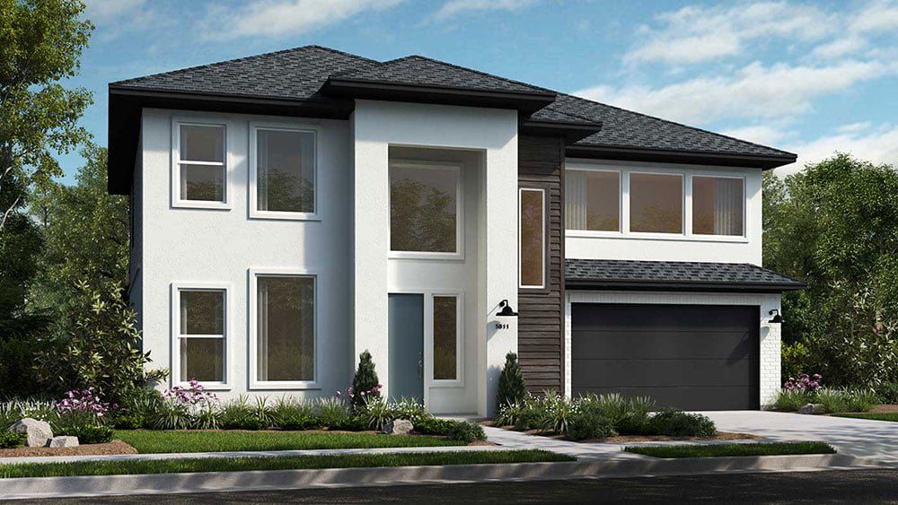 Front exterior of a new home in Trillium 60s, Richmond, TX, highlighting curb appeal (Image 1).