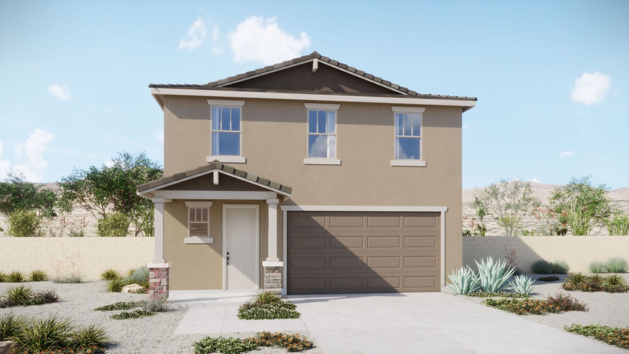 Front exterior of a new home in Blackhawk, Tucson, AZ, highlighting curb appeal (Image 1). Front exterior of a new home in Blackhawk, Tucson, AZ, highlighting curb appeal (Image 1).