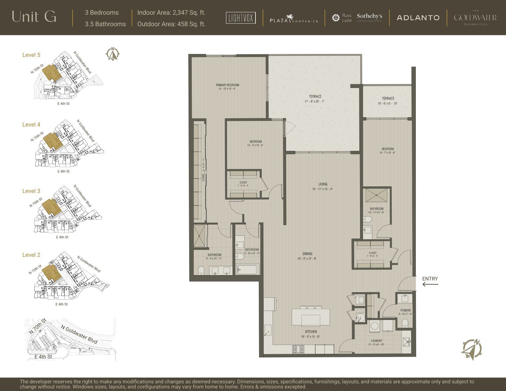 2D floor plan layout for the Unit G by Adlanto in The Goldwater Residences, Scottsdale, AZ (Image 1).