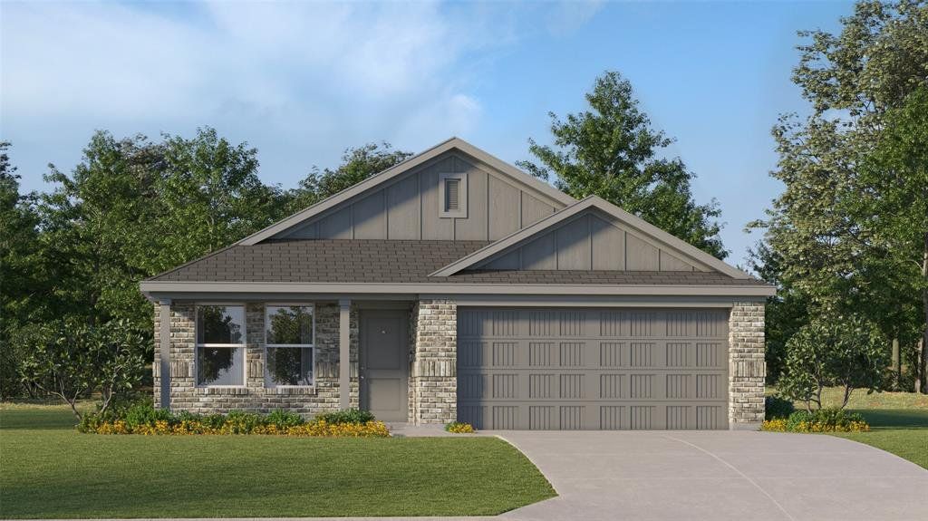 Craftsman-style house featuring board and batten siding, a front lawn, concrete driveway, and stone siding