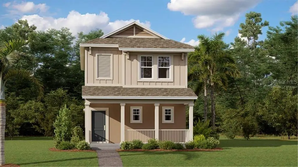Front exterior of a new home in EverBe: Cottage Alley Collection, Orlando, FL, highlighting curb appeal (Image 1).