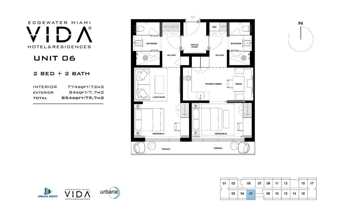 2D floor plan layout for the Unit 06 by Urbana Holdings in Vida Hotel & Residences, Miami, FL (Image 1).