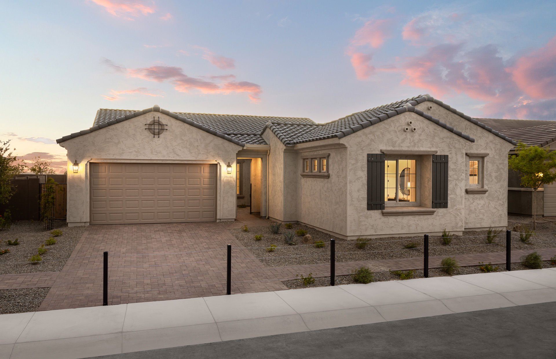 Front exterior of a new home in Soleo, San Tan Valley, AZ, highlighting curb appeal (Image 1). Front exterior of a new home in Soleo, San Tan Valley, AZ, highlighting curb appeal (Image 1).