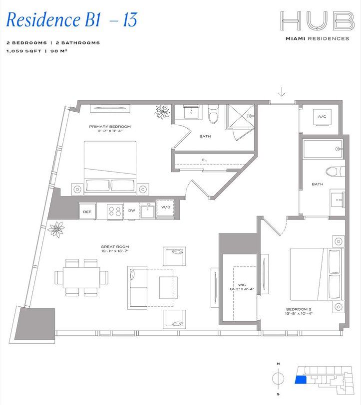 2D floor plan layout for the Residence B1 13 by The John Buck Company in HUB Miami, Miami, FL (Image 1). 2D floor plan layout for the Residence B1 13 by The John Buck Company in HUB Miami, Miami, FL (Image 1).