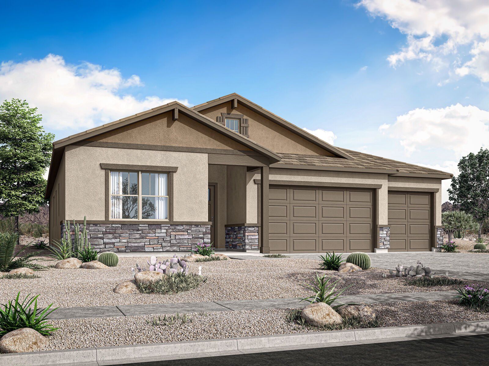 Front exterior of a new home in Landmarke, San Tan Valley, AZ, highlighting curb appeal (Image 1). Front exterior of a new home in Landmarke, San Tan Valley, AZ, highlighting curb appeal (Image 1).