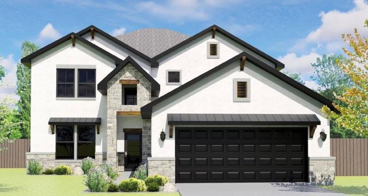 Multi-textured siding, prominent stone accents, and classic gables define this contemporary facade. Multi-textured siding, prominent stone accents, and classic gables define this contemporary facade.