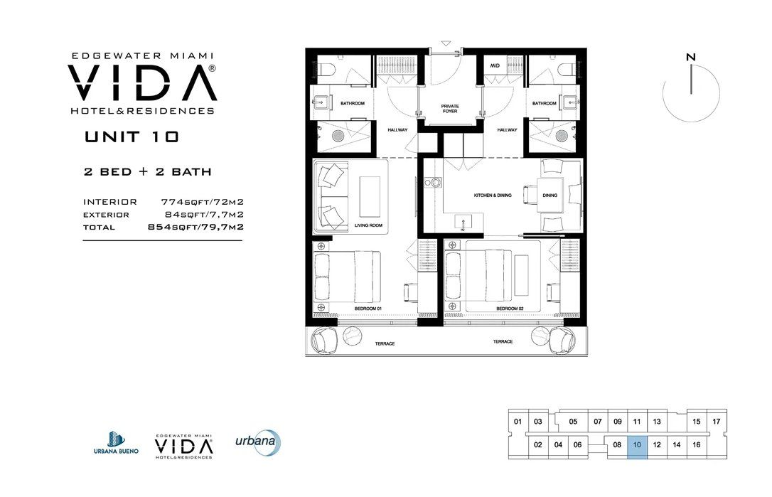 2D floor plan layout for the Unit 10 by Urbana Holdings in Vida Hotel & Residences, Miami, FL (Image 1).