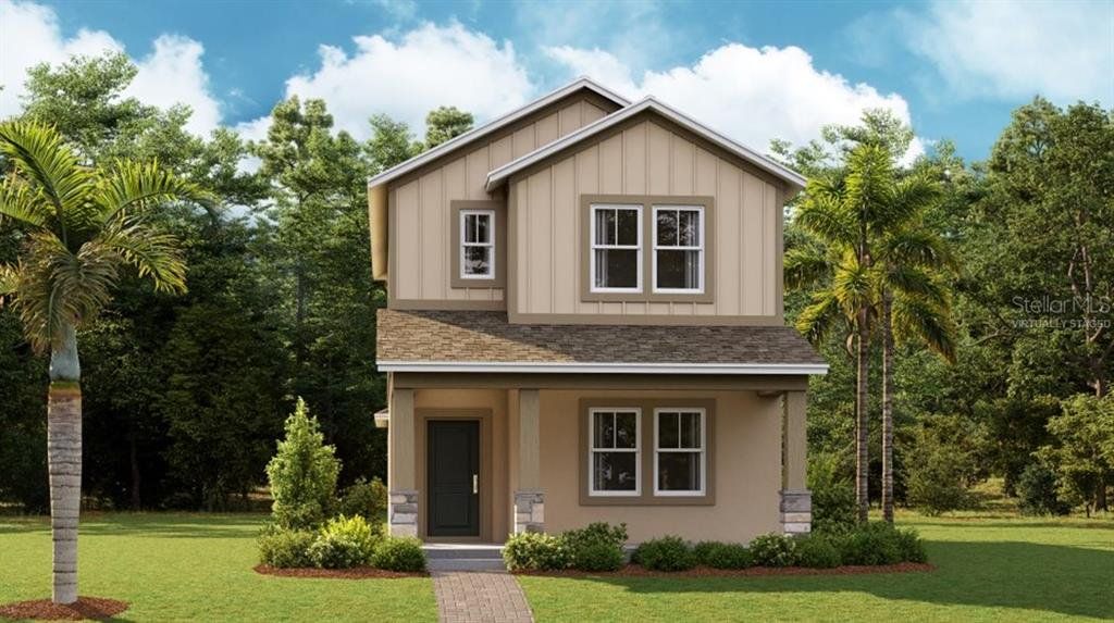 Front exterior of a new home in Rivington: Cottage Alley Collection, Debary, FL, highlighting curb appeal (Image 1). Front exterior of a new home in Rivington: Cottage Alley Collection, Debary, FL, highlighting curb appeal (Image 1).