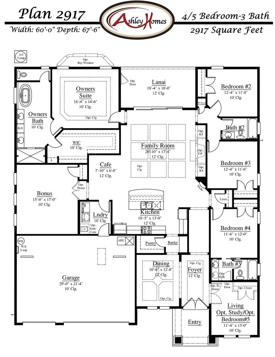 2D floor plan layout for the Plan 2917 by Ashley Homes, LLC in Courtney Oaks in SilverLeaf, St. Augustine, FL (Image 1).