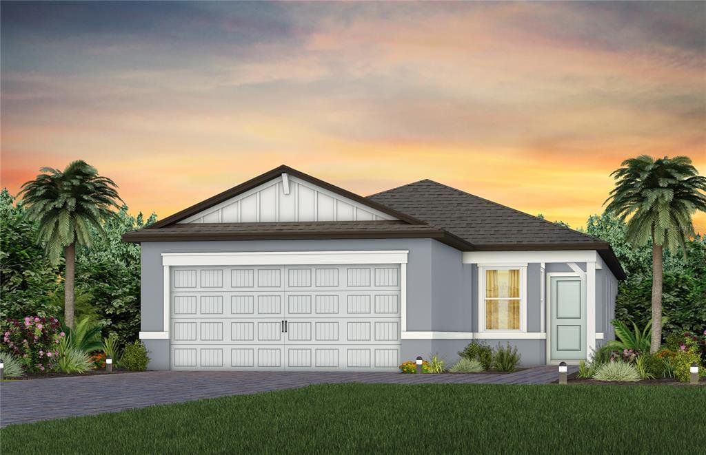 Front exterior of a new home in Del Webb Sunchase, Parrish, FL, highlighting curb appeal (Image 1). Front exterior of a new home in Del Webb Sunchase, Parrish, FL, highlighting curb appeal (Image 1).