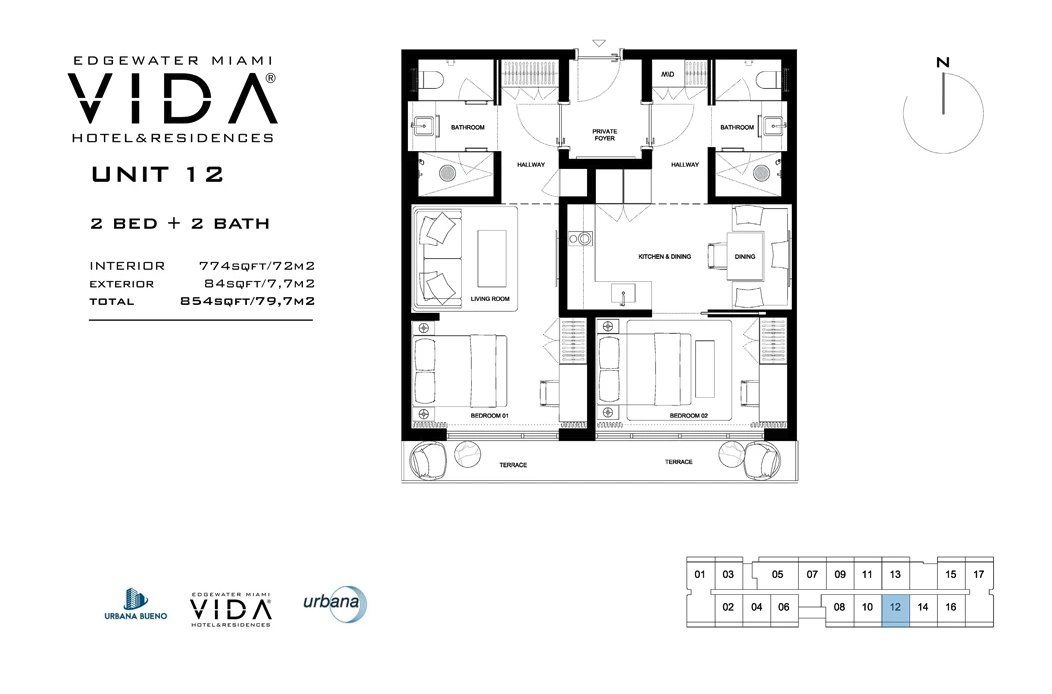 2D floor plan layout for the Unit 12 by Urbana Holdings in Vida Hotel & Residences, Miami, FL (Image 1).
