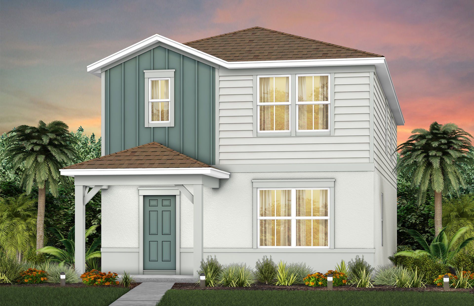 Front exterior of a new home in EverBe, Orlando, FL, highlighting curb appeal (Image 1). Front exterior of a new home in EverBe, Orlando, FL, highlighting curb appeal (Image 1).