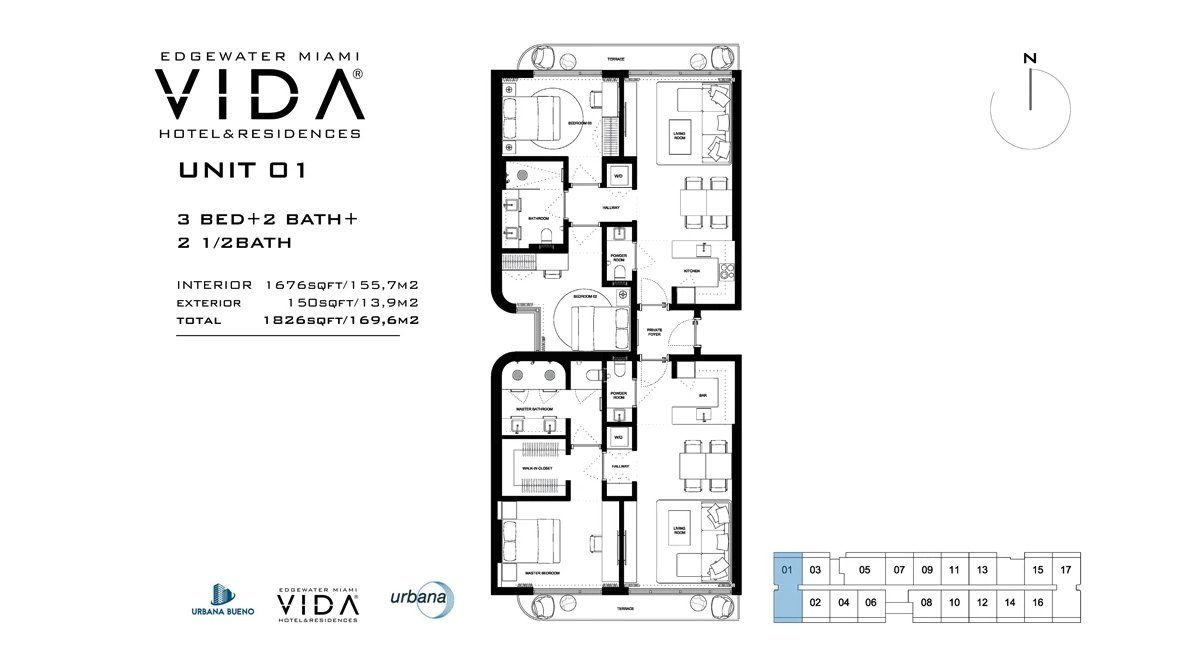 2D floor plan layout for the Unit 1 by Urbana Holdings in Vida Hotel & Residences, Miami, FL (Image 1).