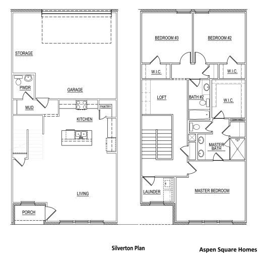 2D floor plan layout for the Silverton by Aspen Square Homes in Aspen Square Townhomes, Irving, TX (Image 1).