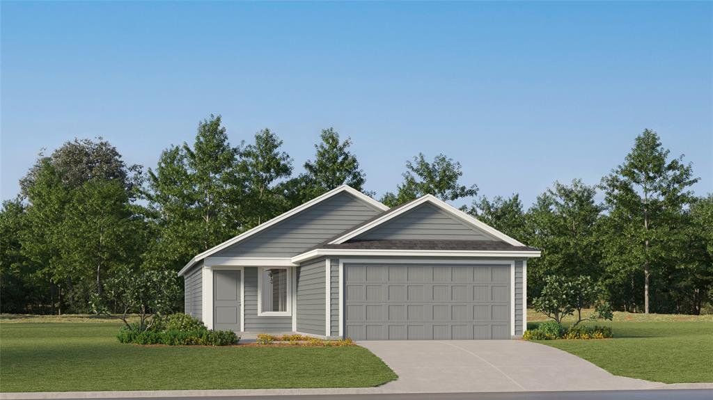 Single-story residence featuring gray horizontal siding, a gabled roofline, an attached two-car garage, a concrete driveway, and mature landscaping Single-story residence featuring gray horizontal siding, a gabled roofline, an attached two-car garage, a concrete driveway, and mature landscaping