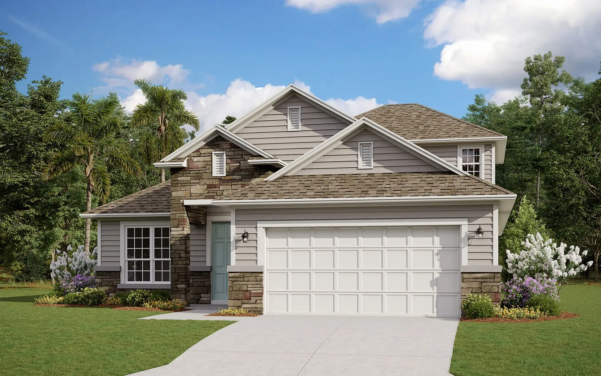 Front exterior of a new home in Brook Forest, St. Augustine, FL, highlighting curb appeal (Image 1). Front exterior of a new home in Brook Forest, St. Augustine, FL, highlighting curb appeal (Image 1).