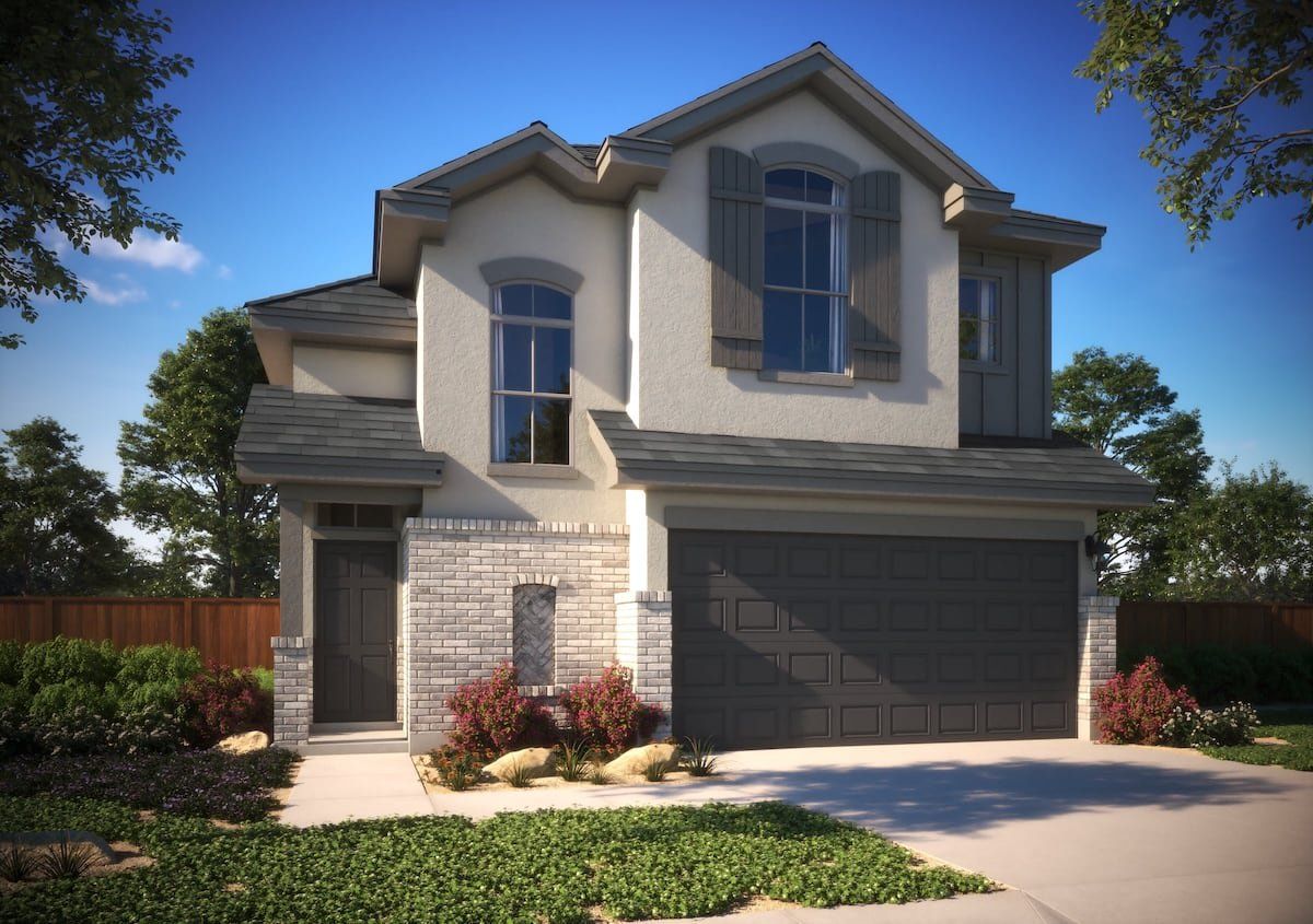 Front exterior of a new home in Saddle Ridge at Wildhorse Ranch, Austin, TX, highlighting curb appeal (Image 1). Front exterior of a new home in Saddle Ridge at Wildhorse Ranch, Austin, TX, highlighting curb appeal (Image 1).