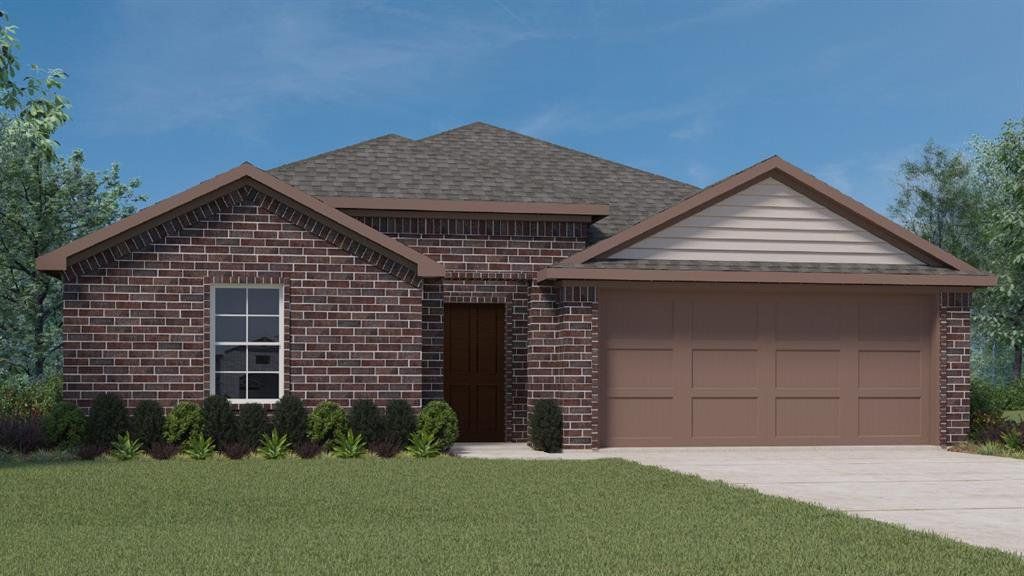 View of front facade with brick siding, a garage, a front lawn, a shingled roof, and driveway View of front facade with brick siding, a garage, a front lawn, a shingled roof, and driveway