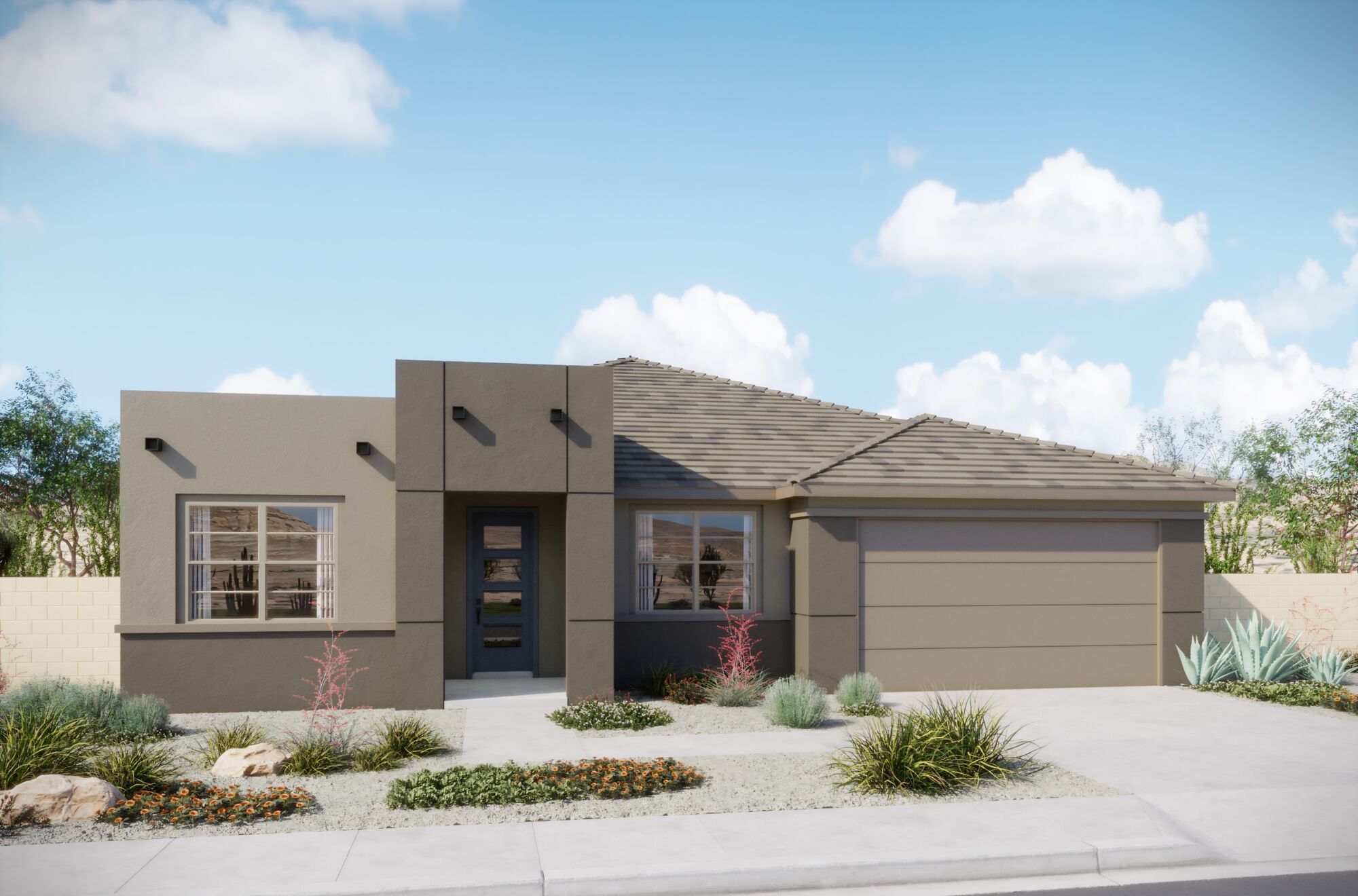 Front exterior of a new home in Tavira at Twin Peaks, Marana, AZ, highlighting curb appeal (Image 1). Front exterior of a new home in Tavira at Twin Peaks, Marana, AZ, highlighting curb appeal (Image 1).