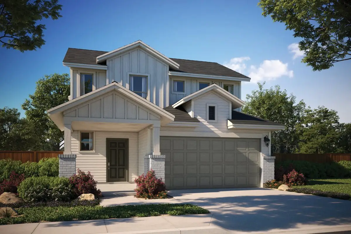 Front exterior of a new home in Porter Country, Buda, TX, highlighting curb appeal (Image 1). Front exterior of a new home in Porter Country, Buda, TX, highlighting curb appeal (Image 1).
