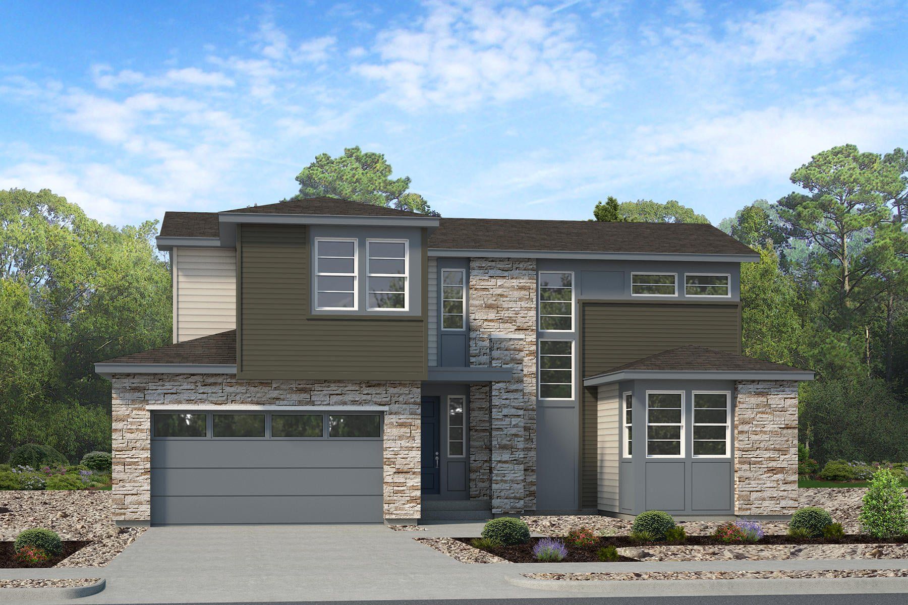 Front exterior of a new home in The Aurora Highlands, Aurora, CO, highlighting curb appeal (Image 1). Front exterior of a new home in The Aurora Highlands, Aurora, CO, highlighting curb appeal (Image 1).