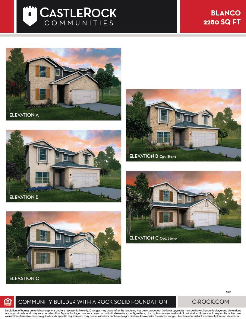 Representative exterior photo of a completed home built from the Blanco by CastleRock Communities in Morgan Meadows, San Antonio, TX (Image 1). Representative exterior photo of a completed home built from the Blanco by CastleRock Communities in Morgan Meadows, San Antonio, TX (Image 1).