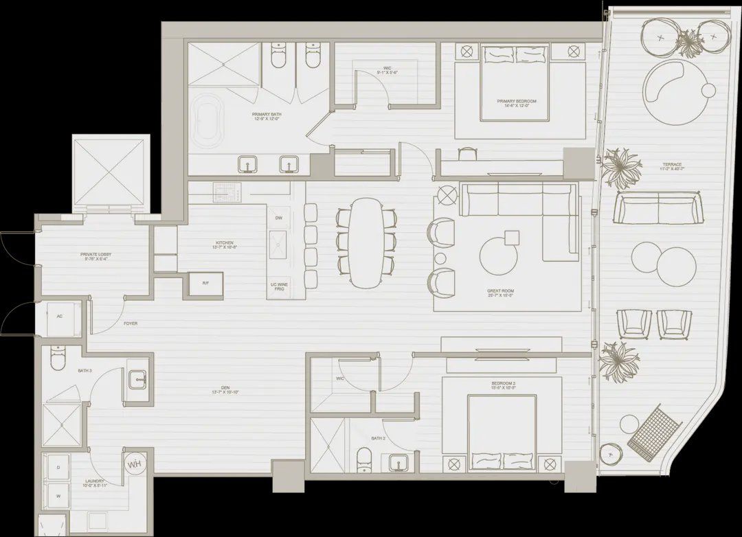 2D floor plan layout for the Residence 3 by Fortune International Group in The Ritz-Carlton Residences, Pompano Beach - The Beach Tower, Pompano Beach, FL (Image 1). 2D floor plan layout for the Residence 3 by Fortune International Group in The Ritz-Carlton Residences, Pompano Beach - The Beach Tower, Pompano Beach, FL (Image 1).