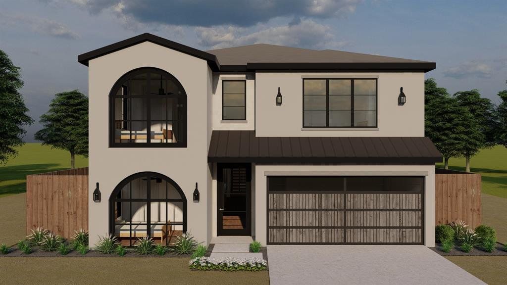Contemporary stucco exterior with prominent arched window features, black-framed windows, a dark metal roof accent, and a modern garage door with wood-finish panels Contemporary stucco exterior with prominent arched window features, black-framed windows, a dark metal roof accent, and a modern garage door with wood-finish panels
