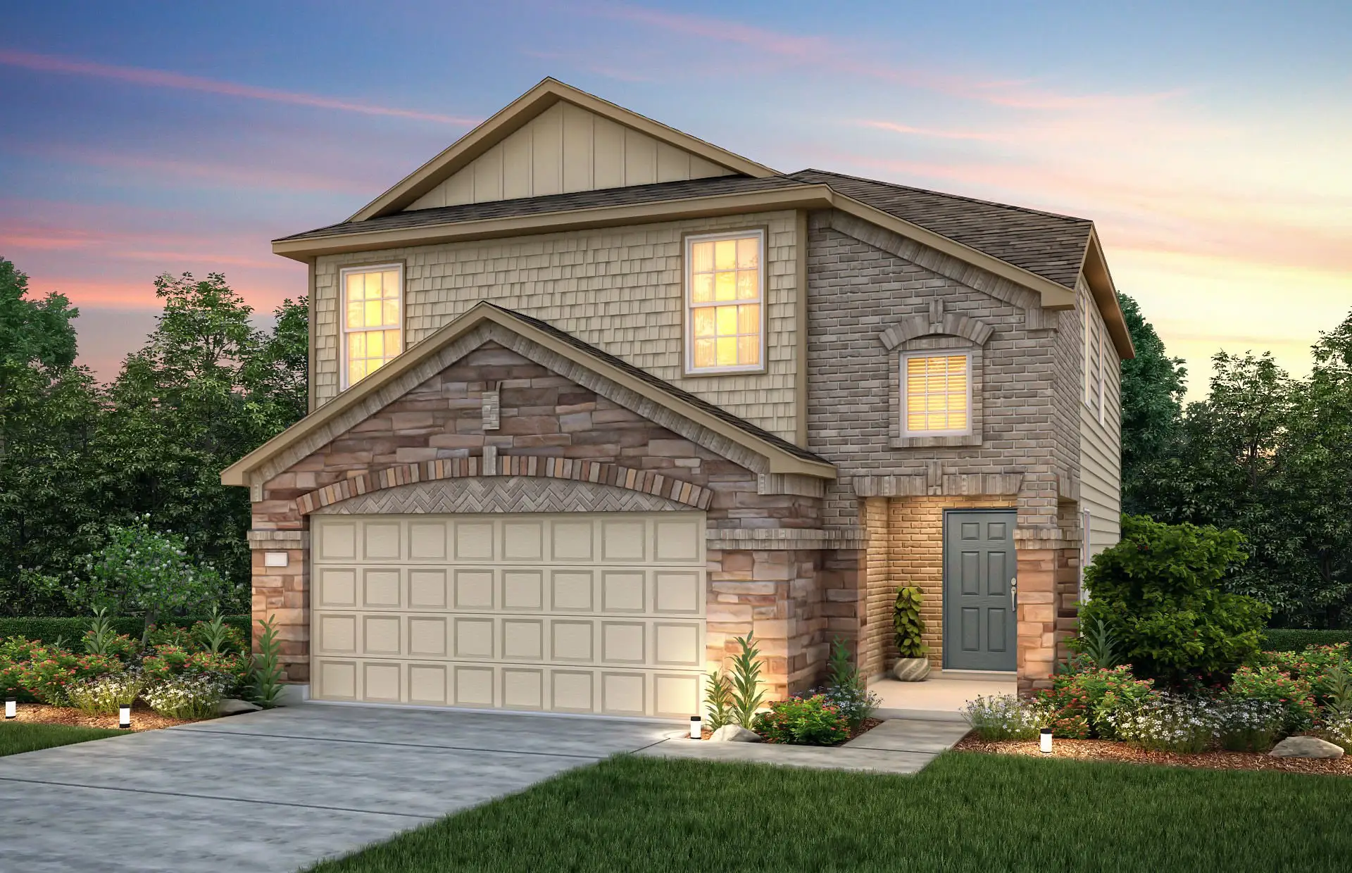 Front exterior of a new home in The Pines At Seven Coves, Willis, TX, highlighting curb appeal (Image 1). Front exterior of a new home in The Pines At Seven Coves, Willis, TX, highlighting curb appeal (Image 1).