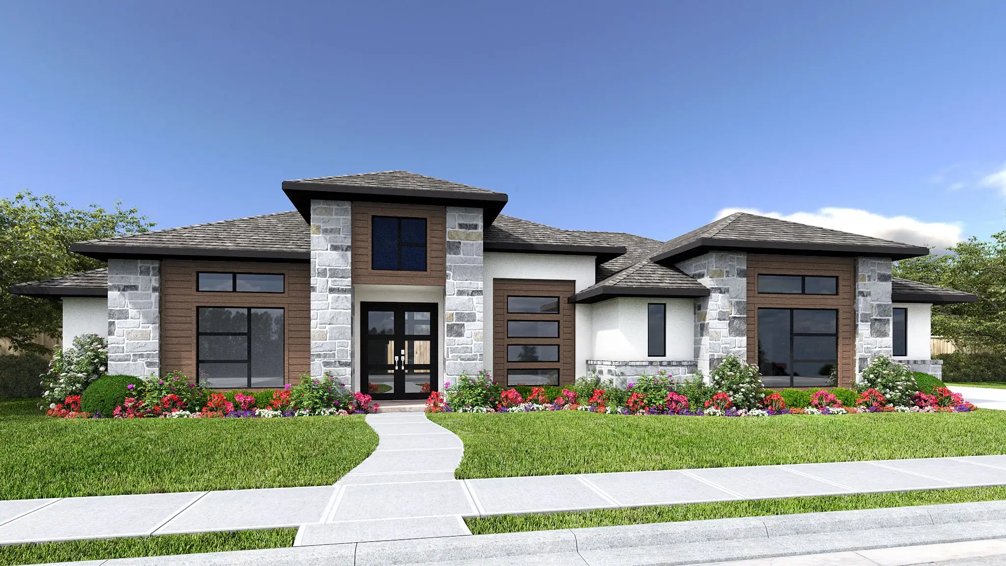 Front exterior of a new home in Thornebrook, Bulverde, TX, highlighting curb appeal (Image 1). Front exterior of a new home in Thornebrook, Bulverde, TX, highlighting curb appeal (Image 1).