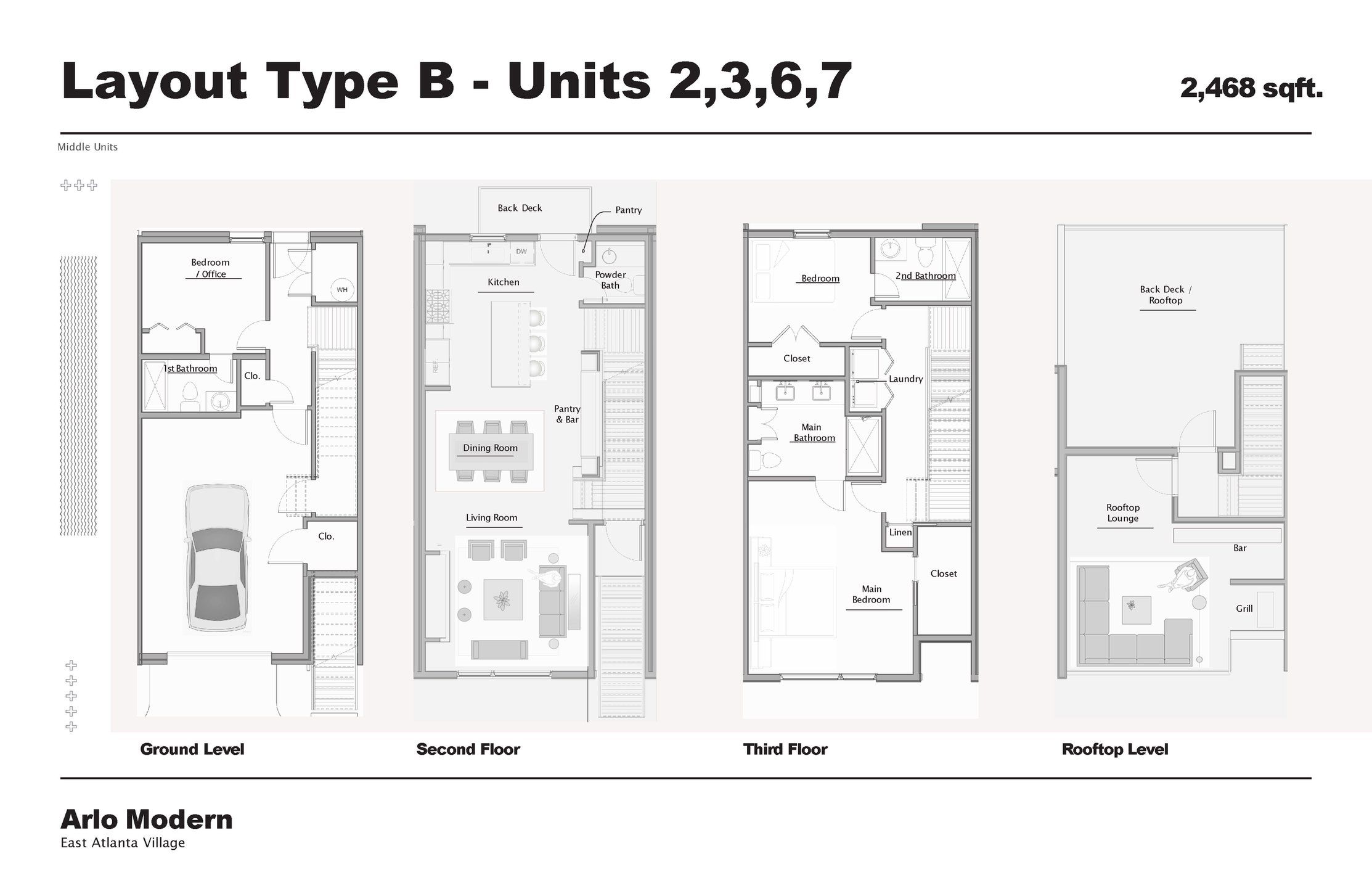 2D floor plan layout for the Plan B by AAI Development in Arlo Modern, Atlanta, GA (Image 1).