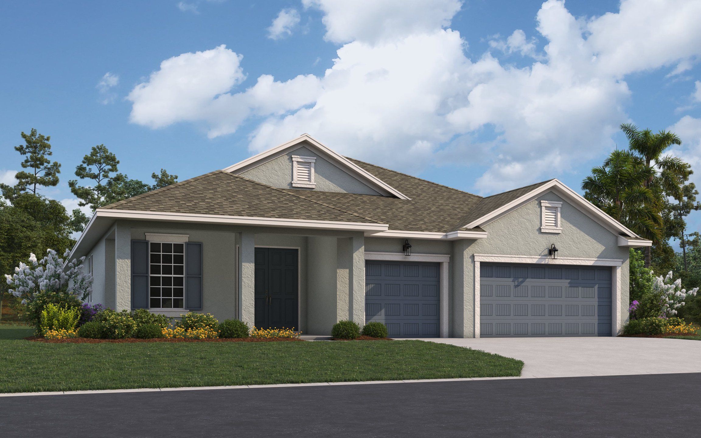 Front exterior of a new home in Angeline, Land O' Lakes, FL, highlighting curb appeal (Image 1). Front exterior of a new home in Angeline, Land O' Lakes, FL, highlighting curb appeal (Image 1).