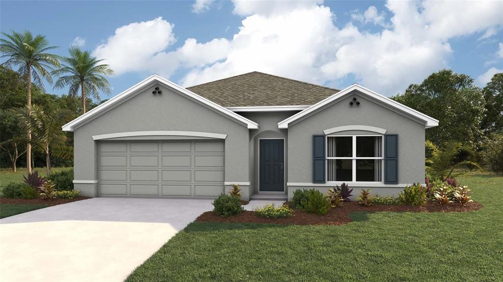 Front exterior of a new home in Ocala Crossings South, Ocala, FL, highlighting curb appeal (Image 1).