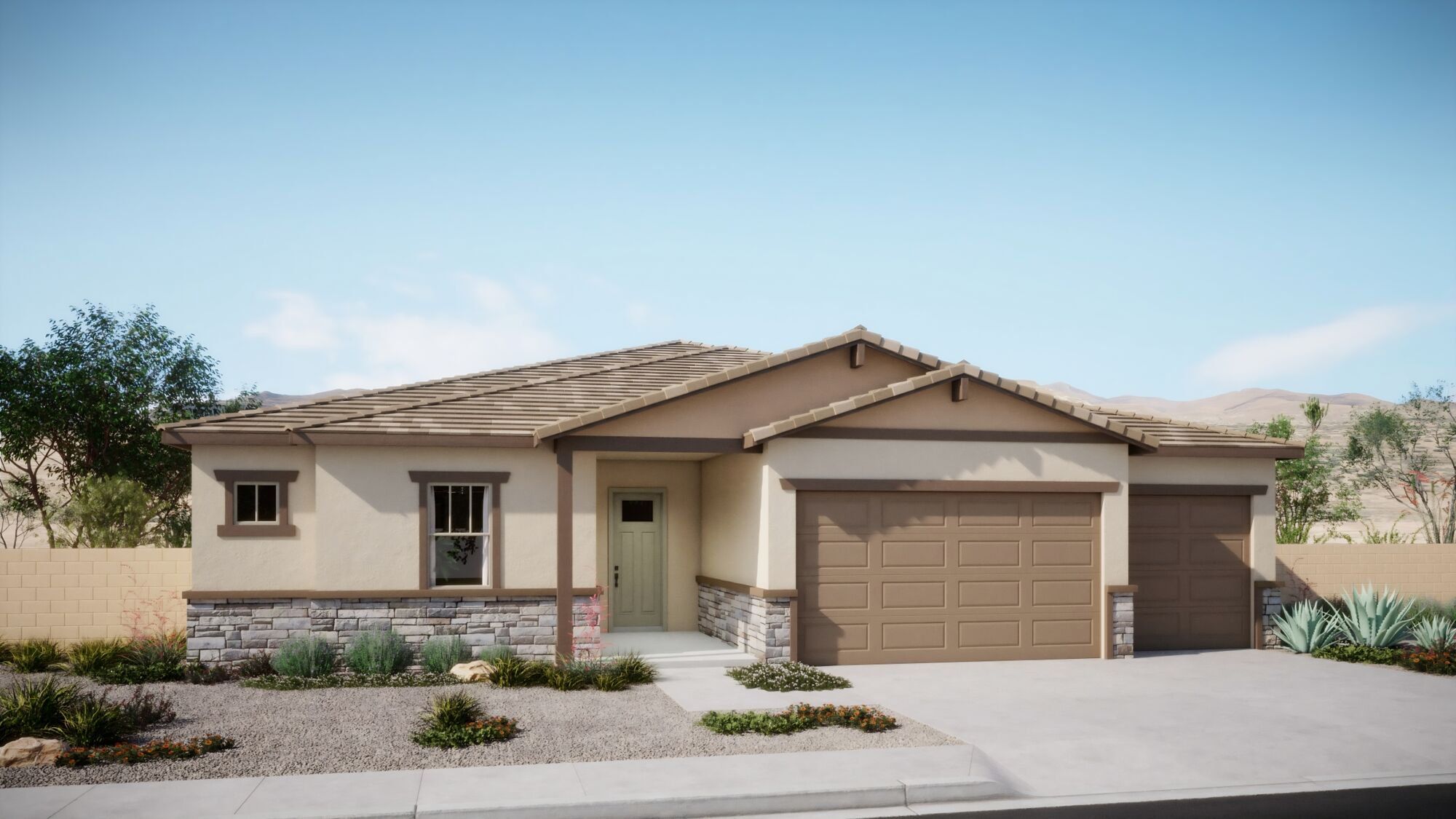 Front exterior of a new home in Mountain View Ranch, Vail, AZ, highlighting curb appeal (Image 1).