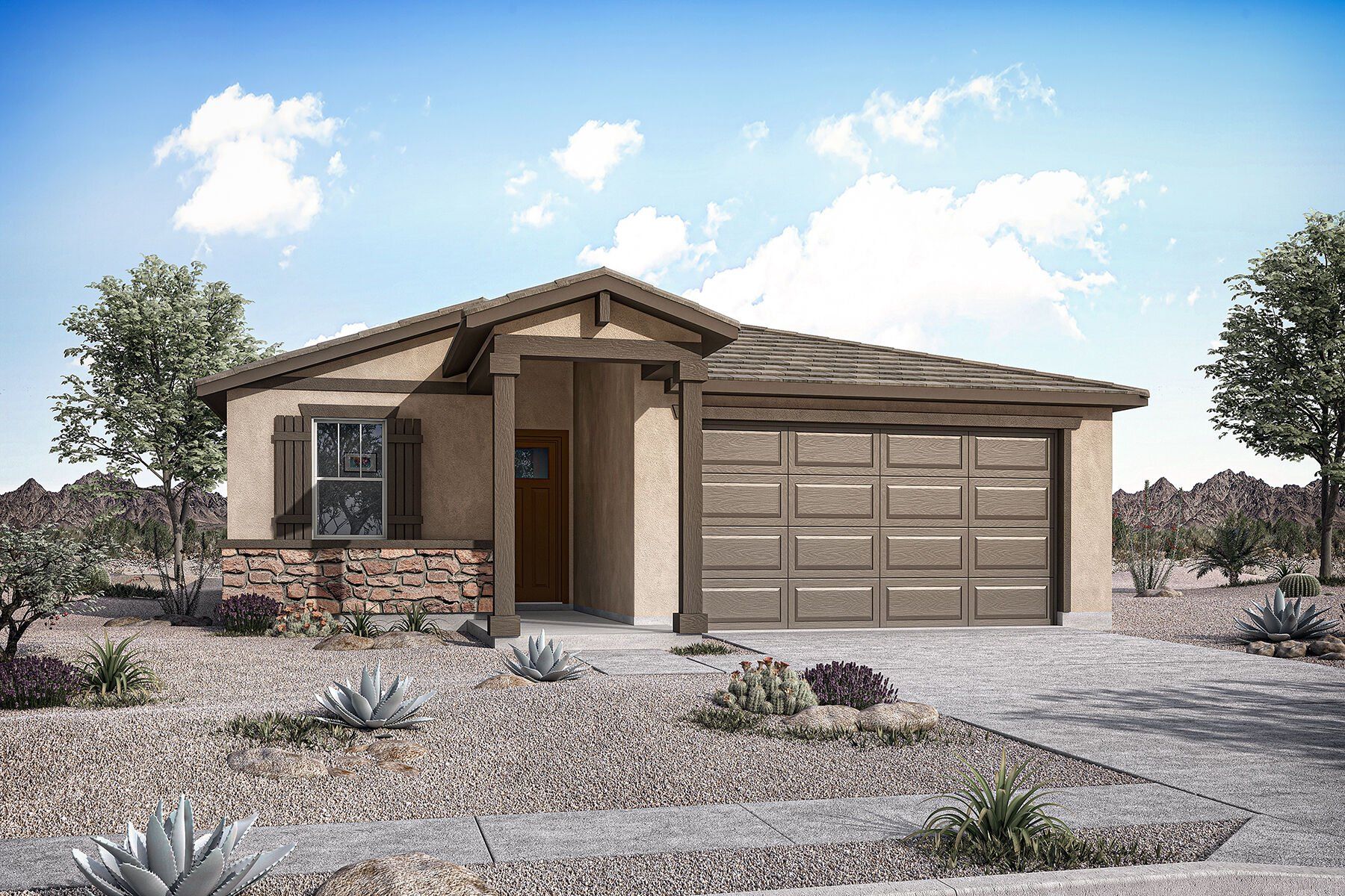 Front exterior of a new home in Empire Pointe, Queen Creek, AZ, highlighting curb appeal (Image 1). Front exterior of a new home in Empire Pointe, Queen Creek, AZ, highlighting curb appeal (Image 1).