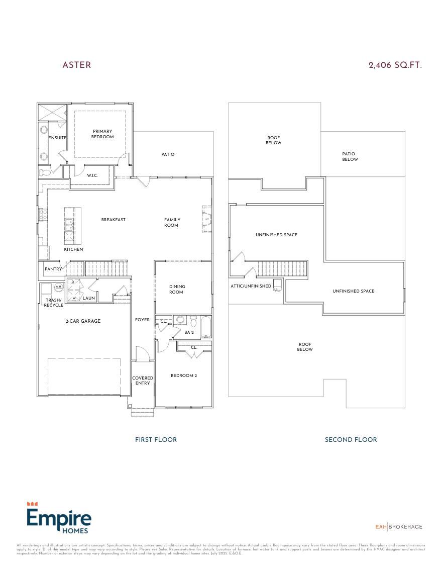 2D floor plan layout for the Aster by Empire Homes in Wildflower, Chattanooga, TN (Image 1).