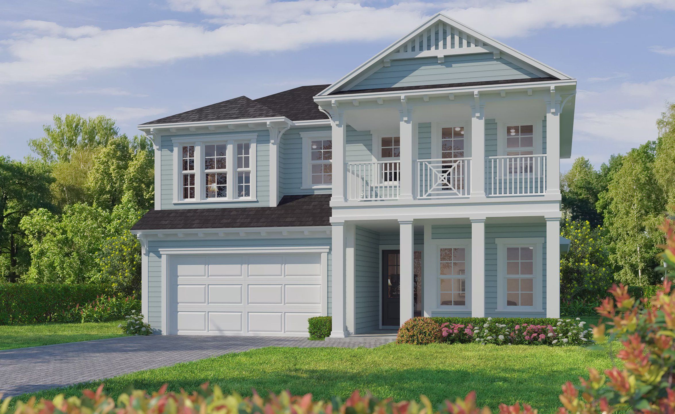 Front exterior of a new home in Middlebourne, St. Johns, FL, highlighting curb appeal (Image 1). Front exterior of a new home in Middlebourne, St. Johns, FL, highlighting curb appeal (Image 1).