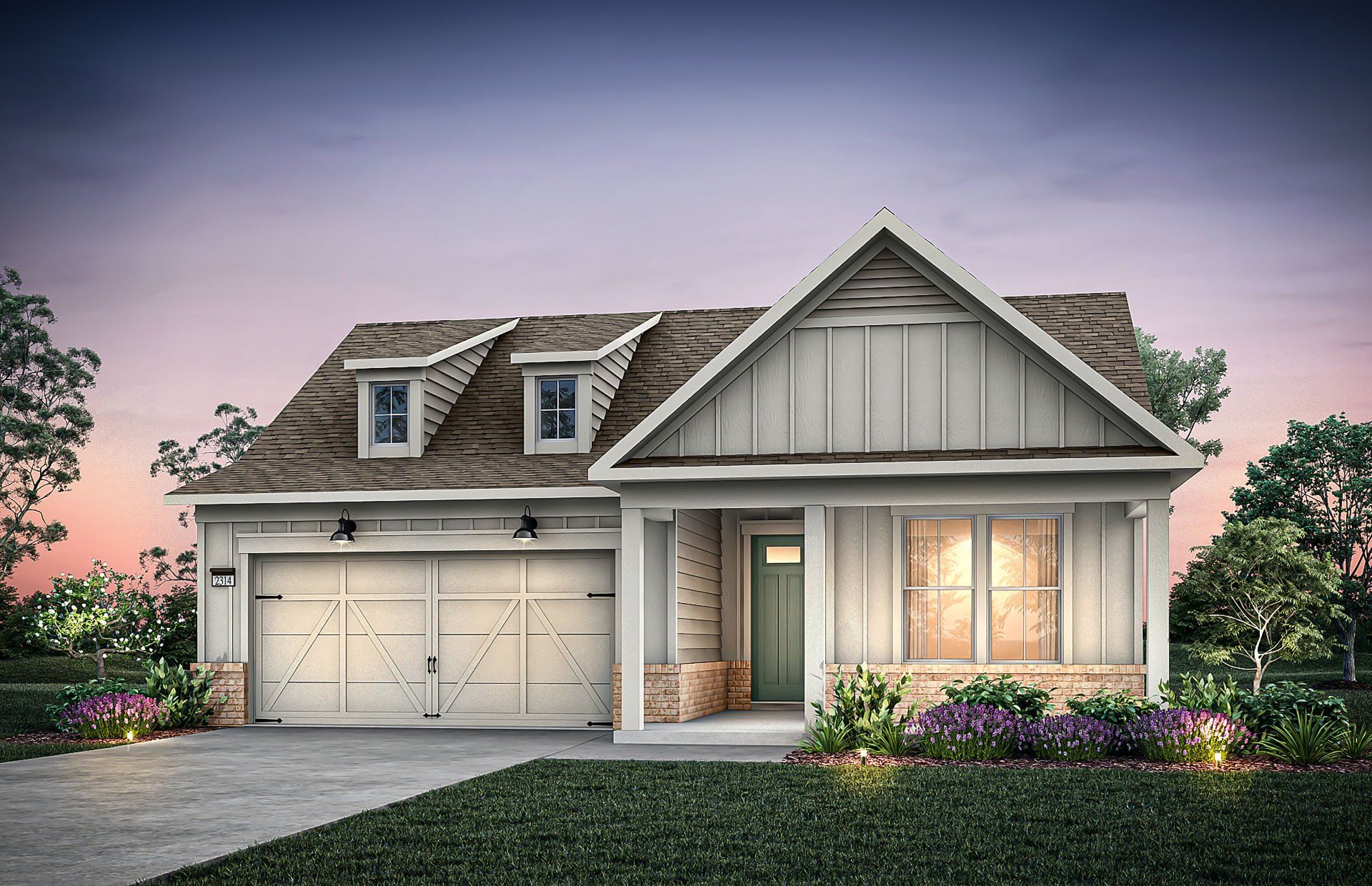 Front exterior of a new home in Del Webb Chateau Elan, Hoschton, GA, highlighting curb appeal (Image 1). Front exterior of a new home in Del Webb Chateau Elan, Hoschton, GA, highlighting curb appeal (Image 1).