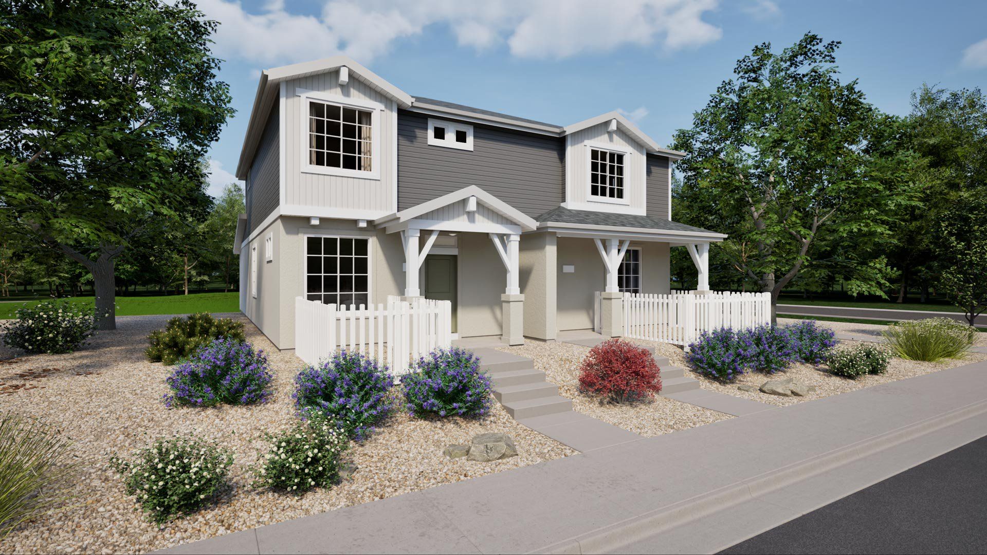 Representative exterior photo of a completed home built from the Crest by Oakwood Homes Co in Green Valley Ranch, Aurora, CO (Image 1). Representative exterior photo of a completed home built from the Crest by Oakwood Homes Co in Green Valley Ranch, Aurora, CO (Image 1).