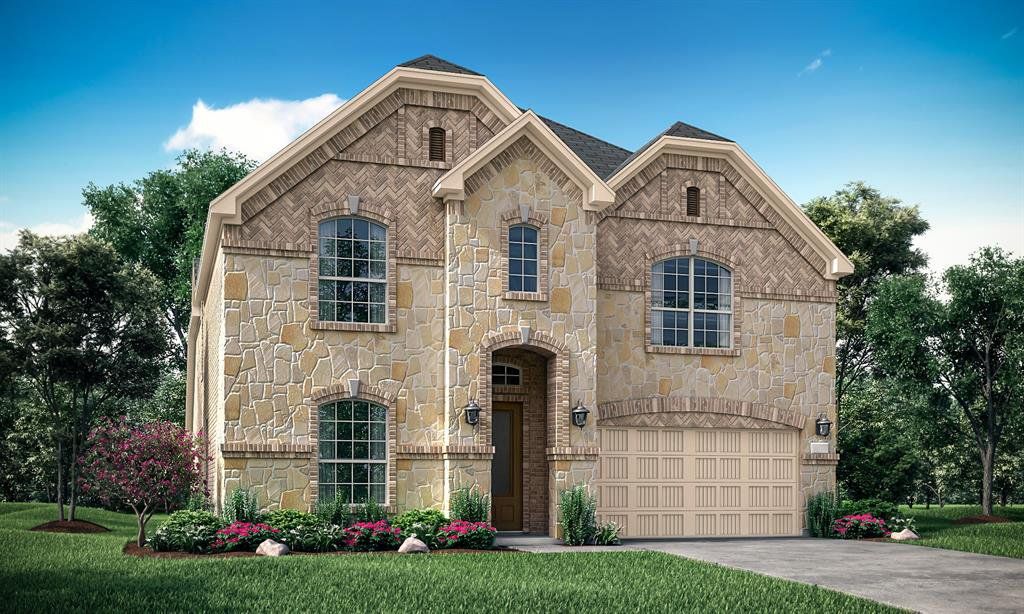French country style house featuring stone siding, an attached garage, driveway, and a front lawn