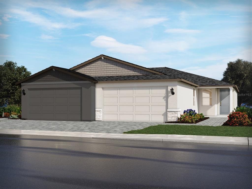 Front exterior of a new home in Ridgehaven - Villas, Ormond Beach, FL, highlighting curb appeal (Image 1).